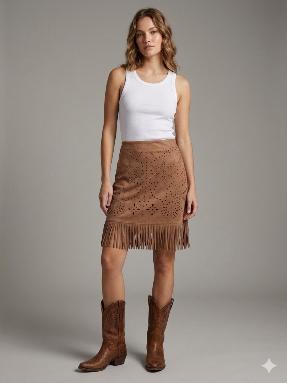 NWT Shyanne Sueded Fringe Laser-Cut Mini Skirt